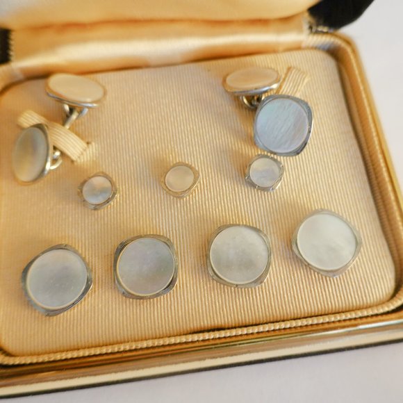 Wedding Cufflinks, Art Deco 9 Piece Mother of Pearl Tuxedo Platinum Clad - Picture 1 of 3